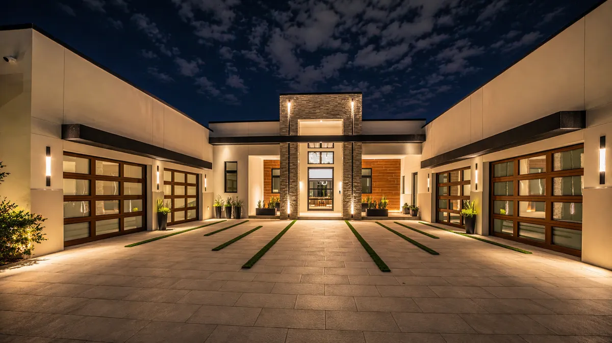 Gated community home with balanced architectural and palm lighting at night